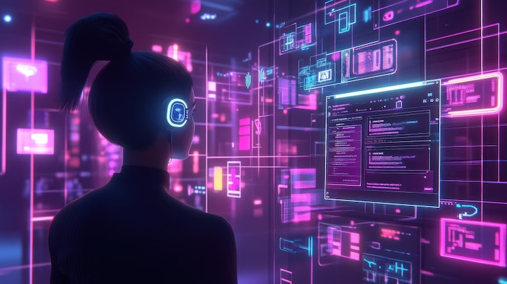 PSD programadora inmersa en un mundo digital vibrante de codificación y flujos de datos