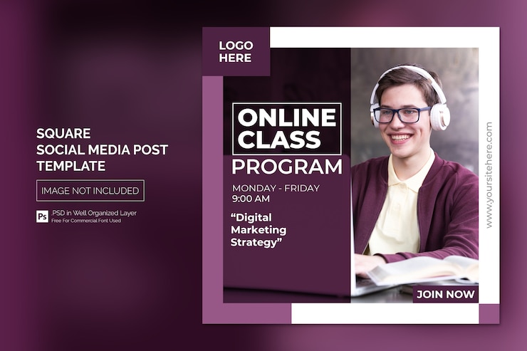 PSD programma di lezioni online social media post o modello di banner quadrato