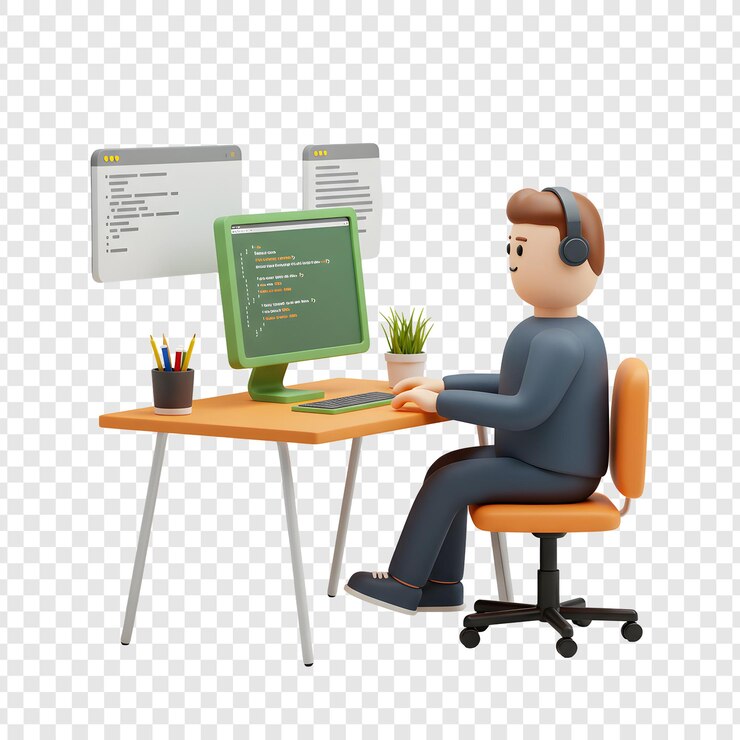 PSD programmatore di cartoni animati 3d che lavora al computer