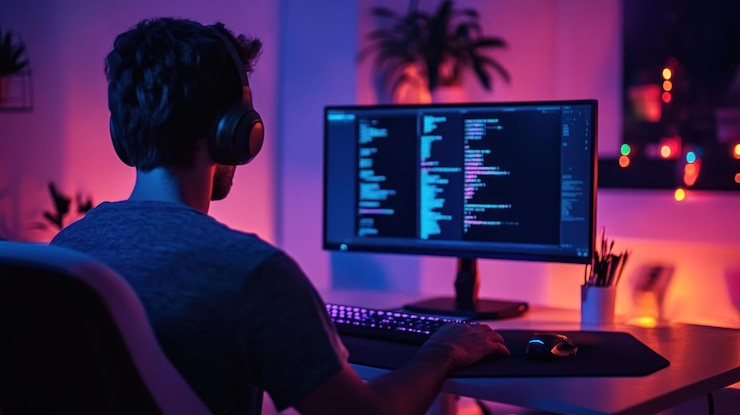 PSD programmierer, der spät in der nacht in seinem heimbüro programmiert