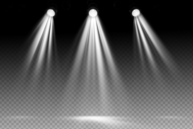 Proiettori bianchi brillano su uno sfondo trasparente Effetto di luce luminosa Proiettori di scena sul palco Sp