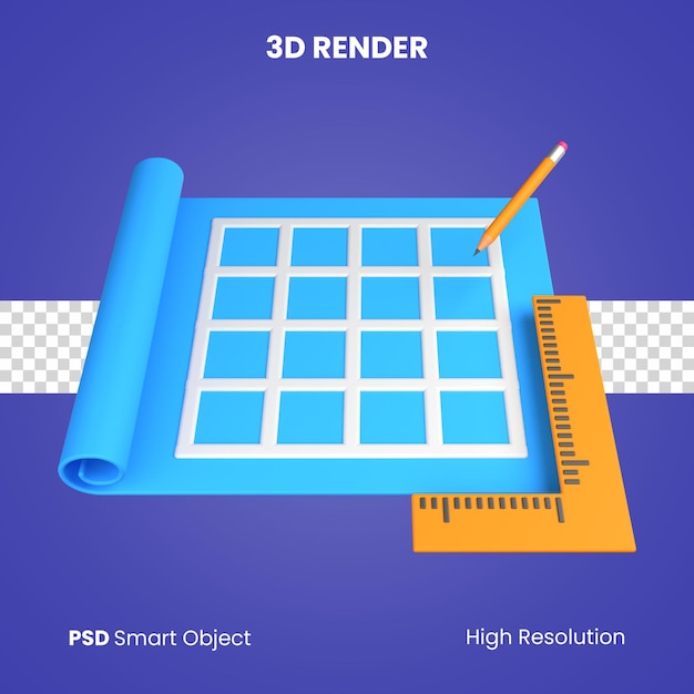 PSD projeto 3d com renderização de lápis e régua isolada
