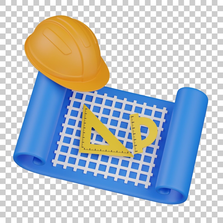 PSD projeto de construção em 3d com ilustração de capacete e régua
