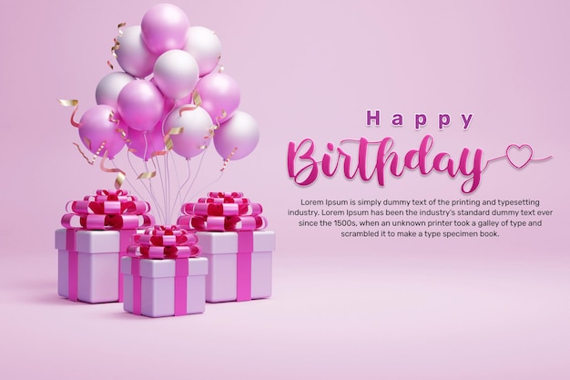 Projeto de fundo de banner de feliz aniversário com balão realista e caixa de presente