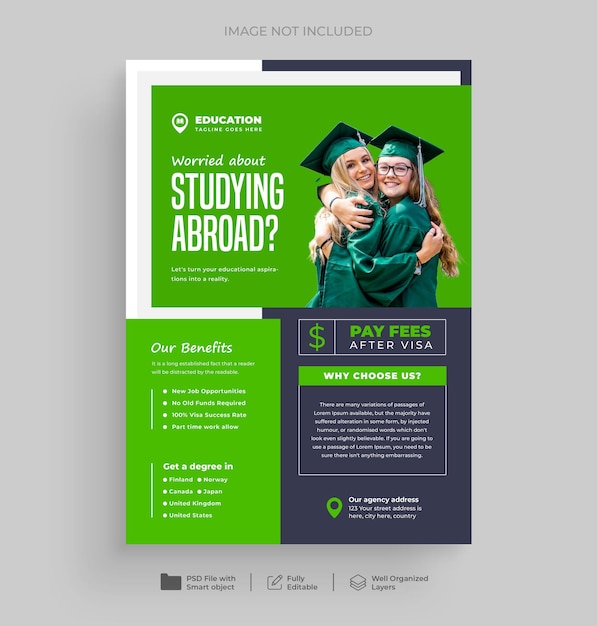PSD projeto de modelo de folheto de estudo no estrangeiro e de cartaz de admissão universitária ou de visto de estudante