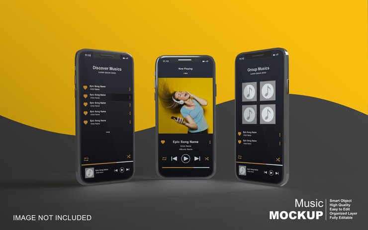 Projeto do reprodutor de música de maquete 3D no smartphone para postagem nas redes sociais