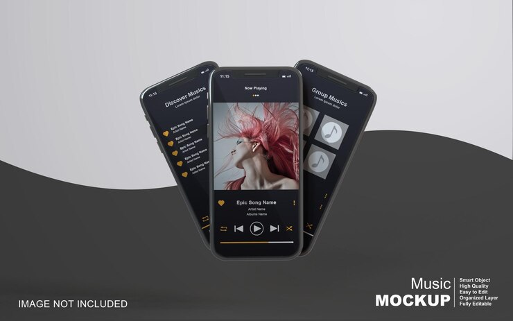 Projeto do reprodutor de música de maquete 3D no smartphone para postagem nas redes sociais