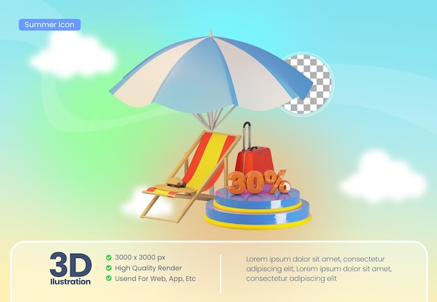 PSD promo tema de playa de vacaciones de verano con 3d realista