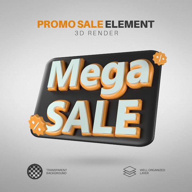 Promo-Verkaufselement Gelb und Schwarz 3D-Rendering Mega-Verkäufung Isolierter Text Hintergrund PNG