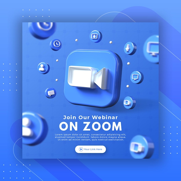 Promoção da página do webinar com logotipo de zoom de renderização 3d para modelo de postagem do instagram