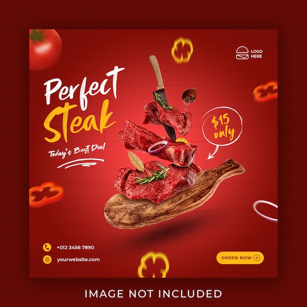 Promoção de cardápio de comida de bife nas redes sociais modelo de postagem no instagram