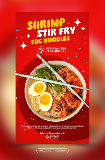 Promoção de comida asiática com modelo de histórias de mídia social