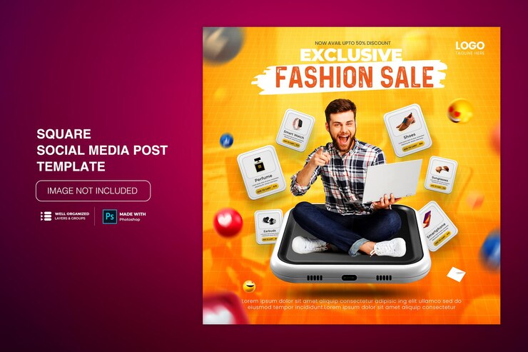 PSD promoção de compras on-line de venda flash de conceito criativo em postagem de mídia social