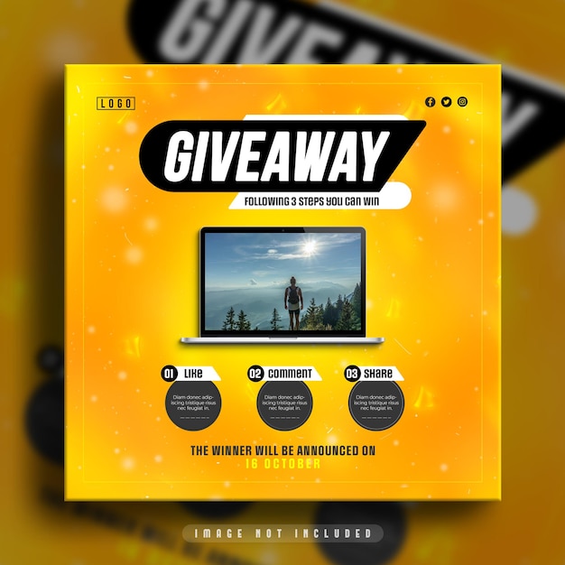 Promoção de concurso de sorteio de laptop para modelo de postagem em mídia social do Instagram e Facebook