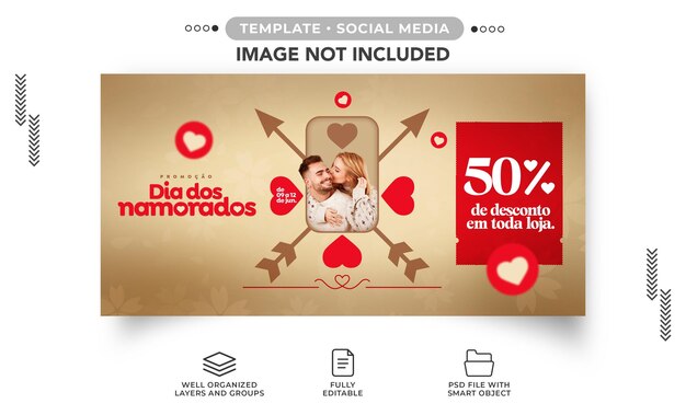 Promoção de dia dos namorados de banner de modelo de mídia social com até 50 de desconto