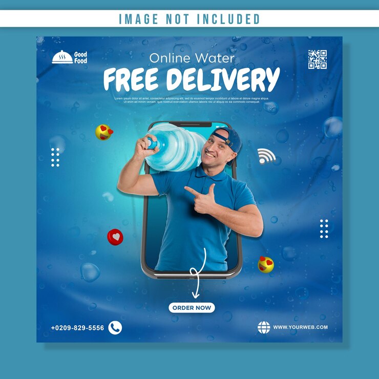 Promoção de entrega gratuita de água online com modelo de banner quadrado de postagem de mídia social móvel