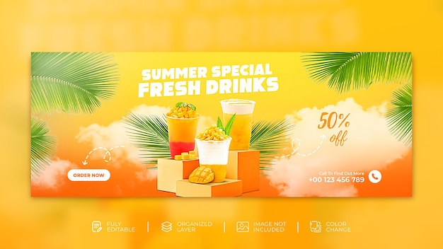 Promoção de menu de bebida laranja especial de verão capa do facebook banner de postagem de mídia social psd