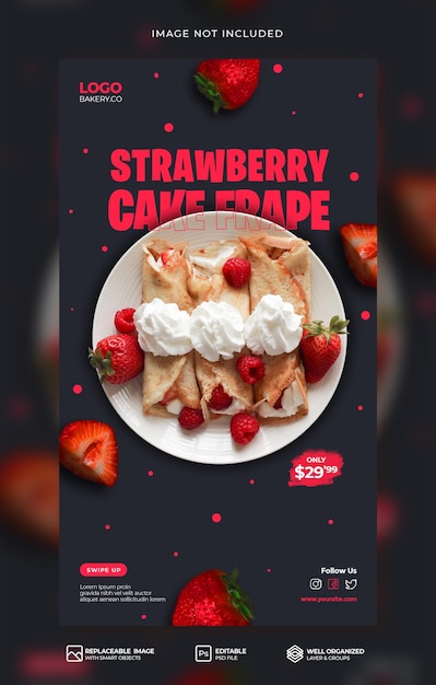 Promoção de menu de bolo de morango elegante mídia social instagram stories ou modelo de banner psd premium