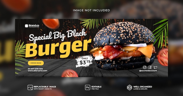 Promoção de menu de comida especial quente spicy black burger modelo de banner de capa do facebook psd premium