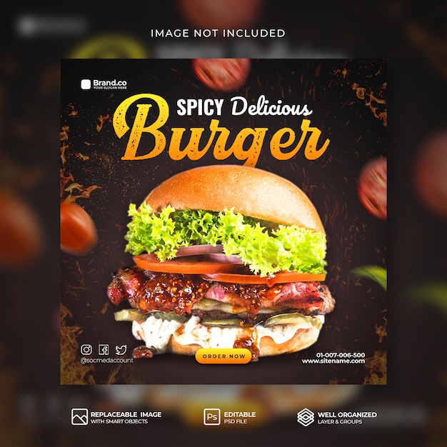 Promoção de menu de comida picante especial quente spicy burger postagem no instagram de mídia social ou modelo de banner premium