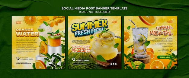 PSD promoção de menu de suco de laranja especial para bebidas frescas de verão pacote de modelo de banner de post de feed de mídia social