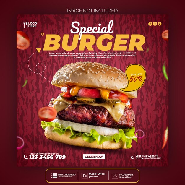 Promoção de mídia social de alimentos e modelo de design de postagem de banner do Instagram