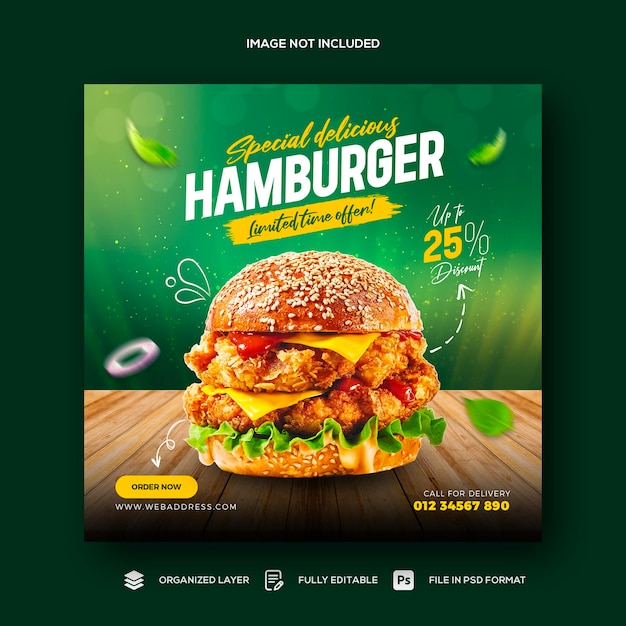 Promoção de mídia social de alimentos e modelo de design de postagem de banner do instagram