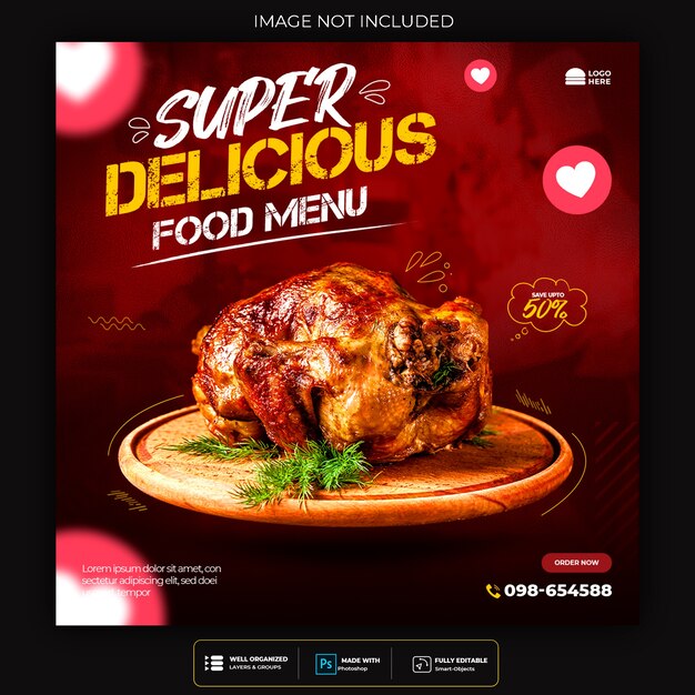 Promoção de mídia social de alimentos e modelo de design de postagem de banner instagram