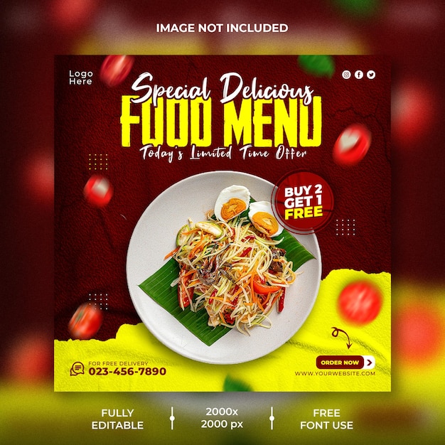 Promoção de mídia social de alimentos e modelo de postagem no instagram