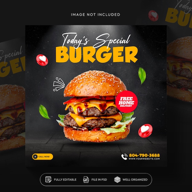 Promoção de mídia social de comida de hambúrguer e design de modelo de postagem de banner do Instagram