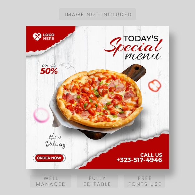 Promoção de mídia social de comida de menu delicioso e modelo de design de postagem de banner