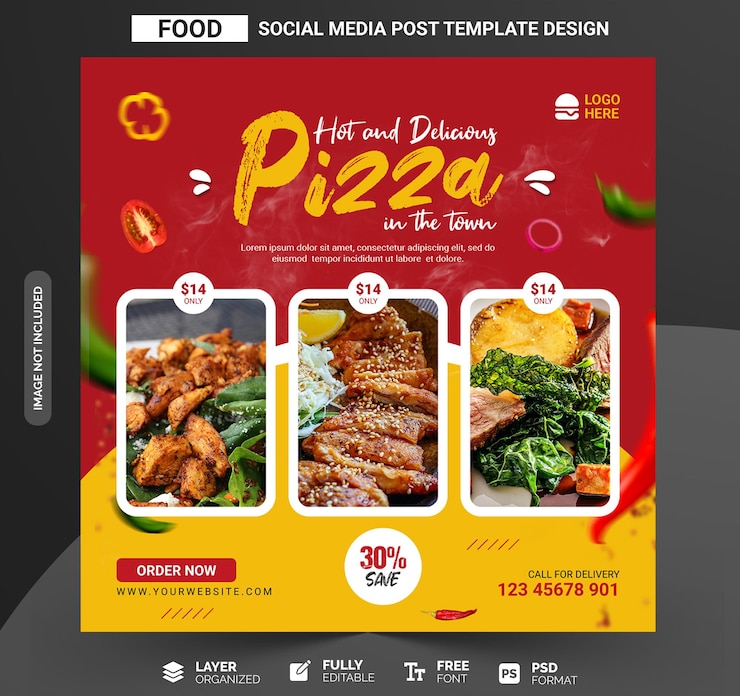 PSD promoção de mídia social de comida deliciosa e modelo de design de postagem de banner do instagram
