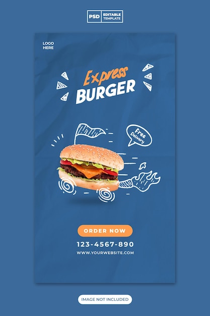 PSD promoção de mídia social de menu de hambúrguer e comida para modelo de banner de história do instagram e facebook