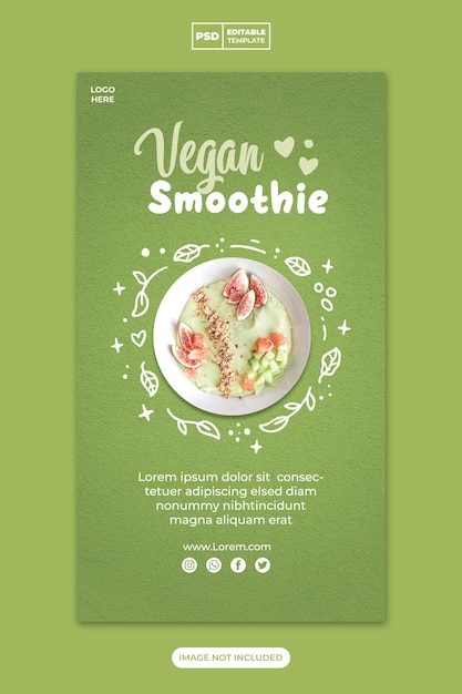 PSD promoção de mídia social do menu de comida de smoothie vegano para modelo de banner de história do instagram e facebook