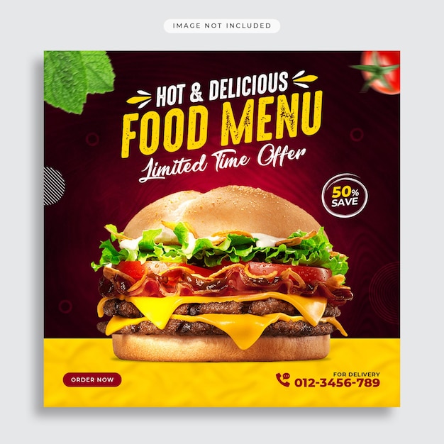 Promoção de mídia social fast food e modelo de post design do instagram