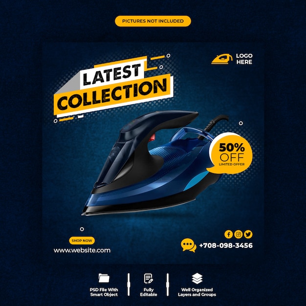 Promoção de produtos e modelo de banner de mídia social para máquina de passar roupa