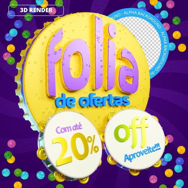 PSD promoção de renderização de logotipo psd 3d para ofertas de carnaval com 20 de desconto