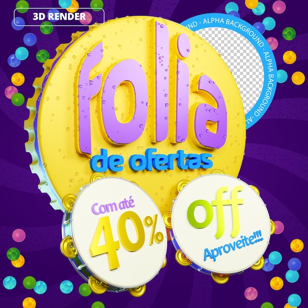 PSD promoção de renderização de logotipo psd 3d para ofertas de carnaval com 40 de desconto