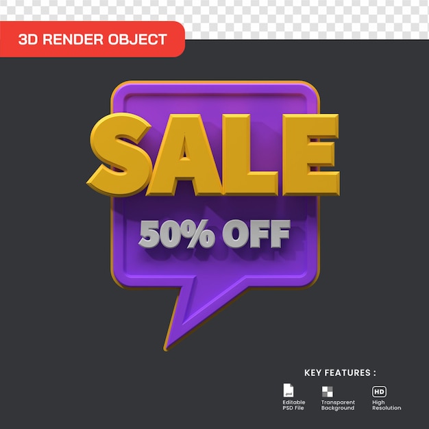 Promoção de venda 3d com 50% de desconto isolado. útil para ilustração de comércio eletrônico e compras online