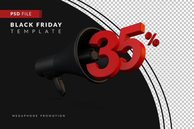 Promoção do megafone preto com 35% de desconto em um conceito de venda 3d black friday