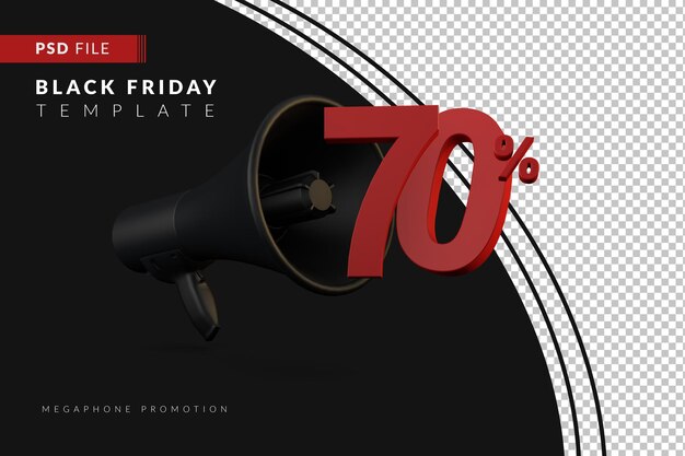 Promoção do megafone preto com 70% de desconto em um conceito de venda 3d black friday