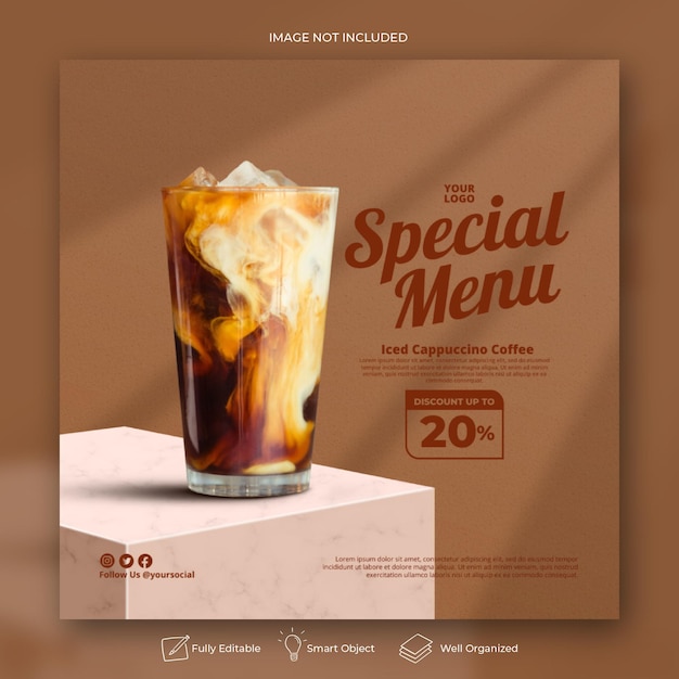 Promoção do menu de bebidas da cafeteria nas redes sociais modelo de pós-banner do instagram