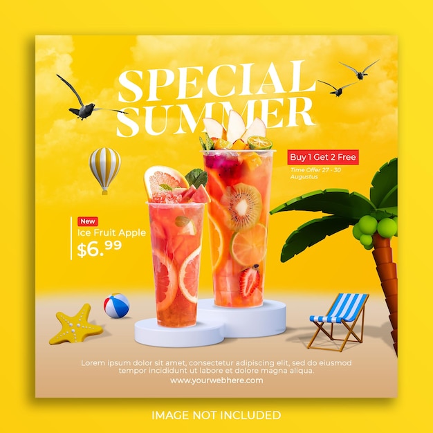 Promoção do menu de bebidas de verão nas mídias sociais modelo de post banner do instagram