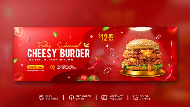 PSD promoção do menu de comida de hambúrguer delicioso capa do facebook modelo de banner de mídia social em fundo vermelho