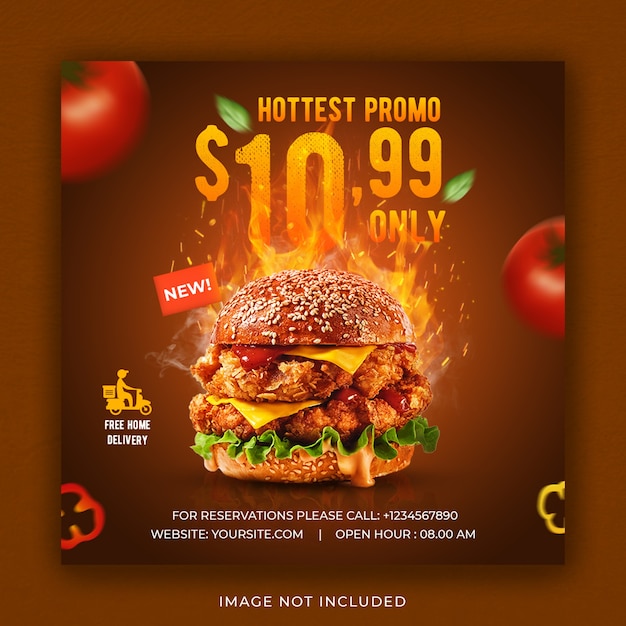 Promoção do menu de comida de hambúrguer nas mídias sociais modelo de banner de postagem do instagram