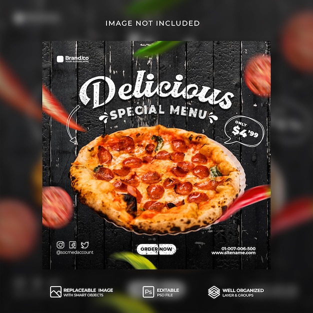 PSD promoção especial de menu de comida de pizza picante quente post de instagram de mídia social ou modelo de banner psd