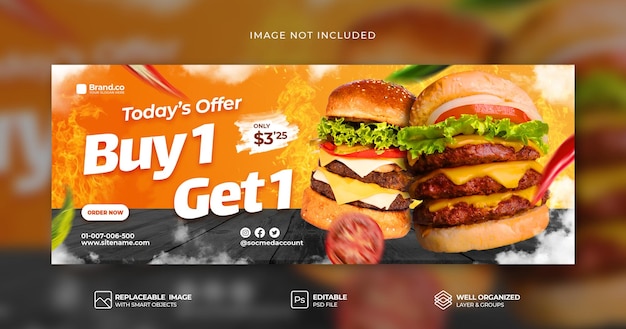 Promoção especial de menu de comida picante de hambúrguer quente modelo de banner de capa do facebook psd premium