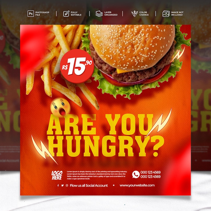 PSD promoción de alimentos en línea con banner cuadrado móvil para publicaciones en redes sociales de hamburguesas