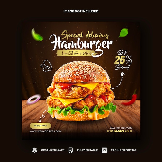 Promoción de alimentos en redes sociales y plantilla de diseño de publicación de banner de instagram