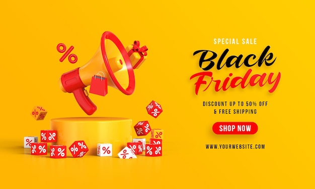 Promoción de banner de venta de viernes negro con renderizado 3d de megáfono